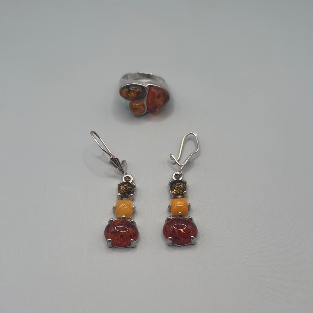 Amber, Larimar, Dalmation Jasper Sterling Silver Earrings and Ring Set